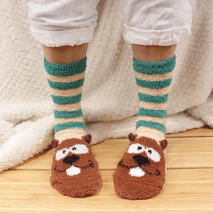 BambooMN Women's Super Soft Cute Fuzzy Cozy Warm Animal Face Indoor Outdoor Cabin Crew Home Socks