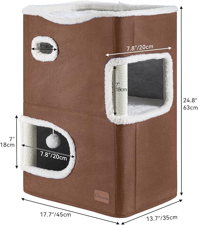 YIATHOME 2-Tier Cat House, Cat Beds for Indoor Cats, Small Cat Condo with Scratch Post and Hideaway Cave, Modern Cat Cube Playhouse for Multi Kittens, Brown