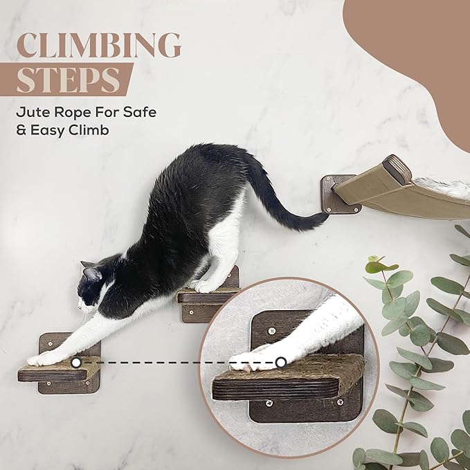 Cat Wall Hammock with Plush Cushion and Two Steps - Cat Wall Shelves Set and Perches for Playing, Climbing, and Sleeping - Wooden Cat Wall Bed - Cat Shelves for Wall Large Cats Set