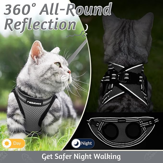 rabbitgoo Cat Harness and Leash Set for Walking Escape Proof, Adjustable Soft Kittens Vest with Reflective Strip for Cats, Comfortable Outdoor Vest, Grey, L
