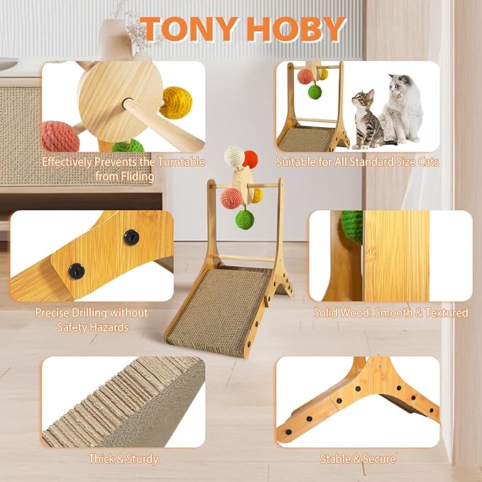 TONY HOBY Cat Scratching Post, Sisal Kitten Scratcher with Ferris Wheel Spinning Balls, Cat Scratching Board for Small Medium Cat (22.5 in, Colorful)