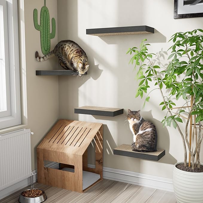 Way Basics Premium Cat Scratcher Floating Wall Shelf (4 Pack) (Charcoal Black)