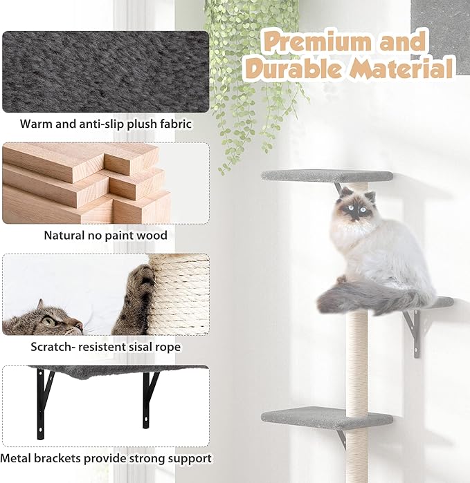 COZIWOW Cat Wall Shelves, Wall-Mounted Cat Climber Set of 5, Floating Cat Perches, Hanging Cat Beds, Modern Cat Furniture for Large Cats or Kitty (Grey)