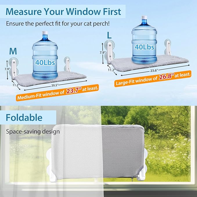 L&W BROS. 3PC Foldable Cat Window Perch Cat Hammock with 4 Suction Cups Easy to Assemble 20.5"x 11.2" Cat Window Bed for Large Heavy Cats Indoor(M 3Pc)