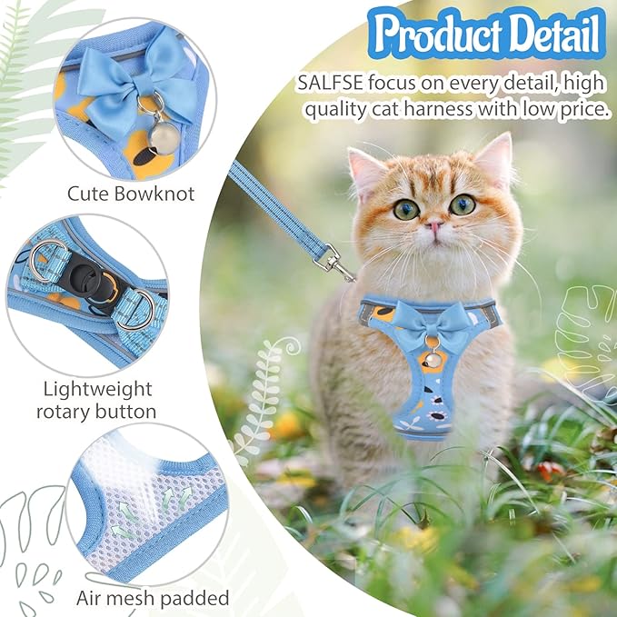 Cat Harness and Leash Escape Proof for Walking, Adjustable Soft Kitten Harness with Reflective Straps Step in Cat Vest Harness for Small Kitten and XS Dogs (Blue, XS-Chest(10.2"-11.8"))