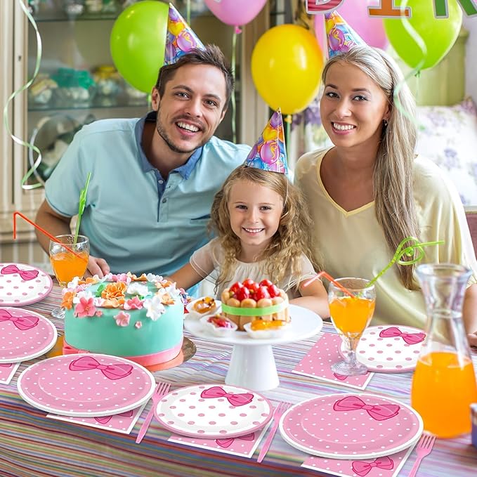 96 Pcs Pink Cat Party Supplies Pink Bow Plates and Napkins Tableware Set Decor Cute Cat Cake Dessert Plates Table Decorations for Birthday Baby Shower Cute Bow Party Favors for 24 Guests