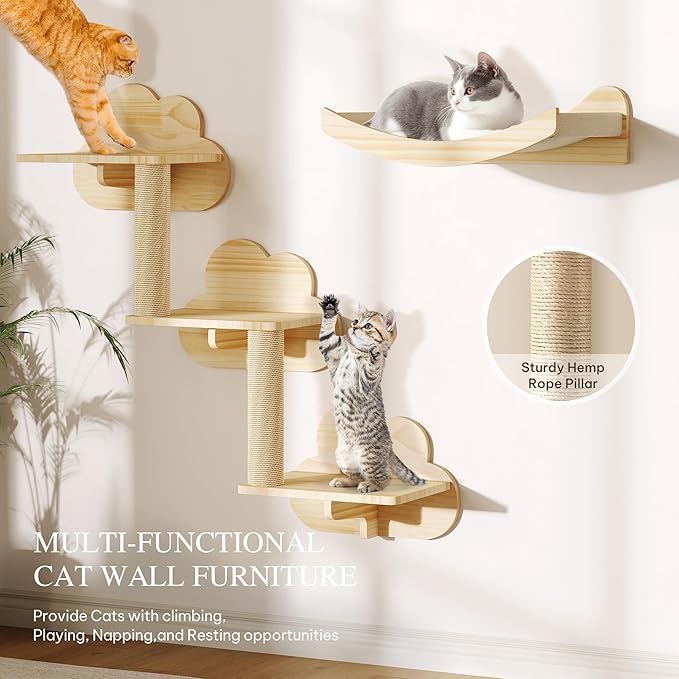 YITAHOME Solid Wood Cat Wall Shelves and Perches for Wall, Pine Wall Mounted Cat Tree Set of 13, Cat Climbing Shelves Playground Scratching Post with 5 Steps Indoor Mounted Moon Condos House