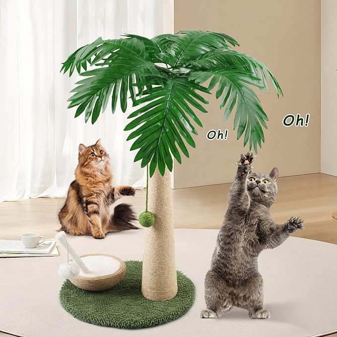 Cat Scratching Post, 27" Tall Scratch Tree Coconut Palm with Premium Sisal Rope, Simulated Leaves and Coconut cat Scratching Ball,Toys for Indoor Kittens and Cats (Cat Teaser Stick)