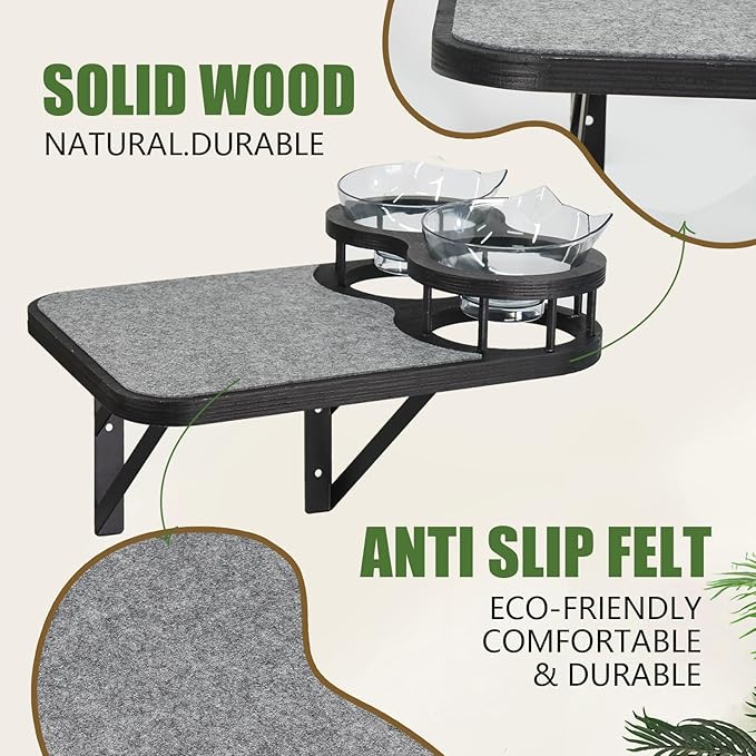 Cat Hammock Cat Wall Shelves with 3 Steps, Cat Scratching Post Cat Hammock and Perches with 2 Cat Food Bowls, Wood Cat Bed Furniture Wall Mounted, Cat Scratching Post Cat Wall Shelf