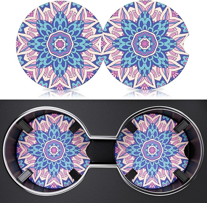 2 Pack Car Cup Holder Coasters, 2.63 inch Anti Slip Insert Absorbent Ceramic Coasters with Cork Base and Finger Notch, Cute Car Accessories Interior for Women