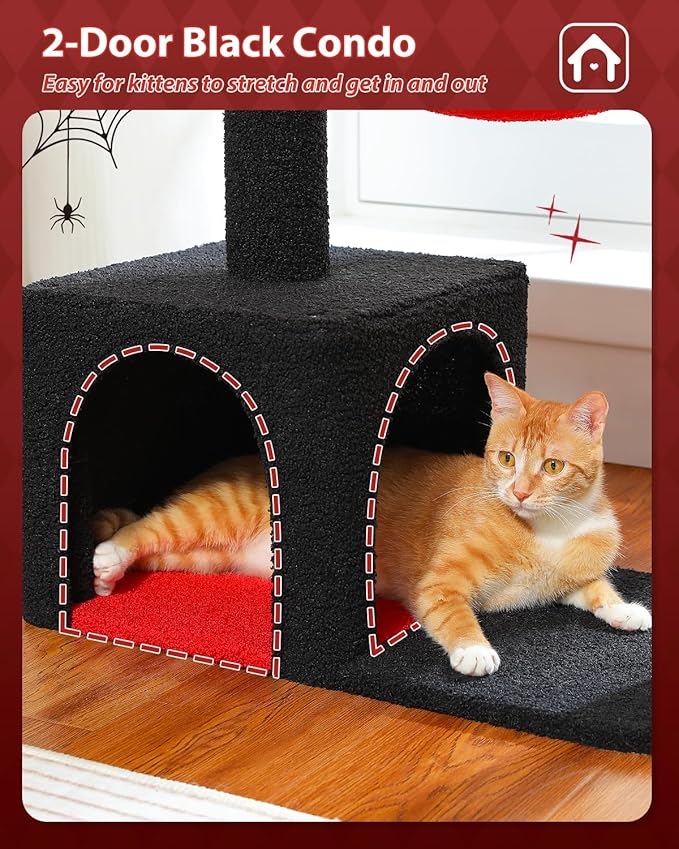 Flower Cat Tree with Black Scratching Posts, 35" Gothic Cat Tower with Large Metal Frame Hammock for Small Indoor Cats, Coffin Cat Condo with Cute Perch for Kittens Halloween, Black