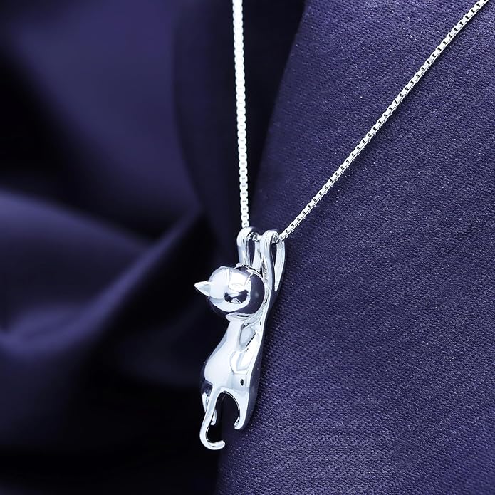 AFFY 925 Sterling Silver Cat Necklace for Women - Jewelry Gift for Cat Lovers - Flying Hanging Cat Pendant Collarbone Necklace