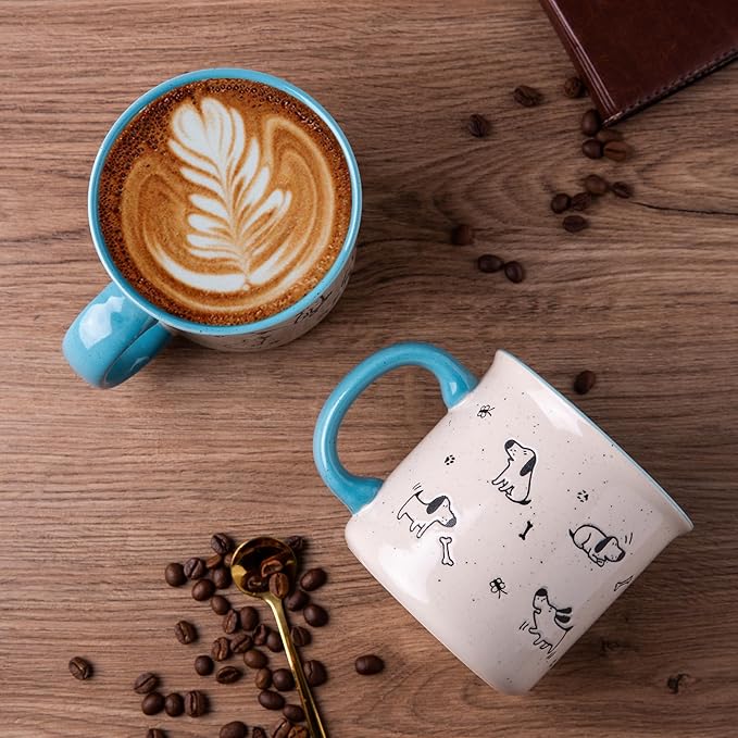 AmorArc 22 OZ Large Ceramic Coffee Mugs Set of 2, Oversized Mugs With Big Handle for Men Women Dad Mom, Big Mug With Textured Dogs Cats Patterns for Office & Home -Microwave Safe, 2 Pcs-Blue