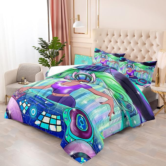 African American Comforter Sets for Girls, Full Size Comforter Set for Girls with Cool DJ Girl Pattern Soft Microfiber 3 Piece Quilt Set Green Pretty Girl Bedding Comforter Set with 2 Pillowcases