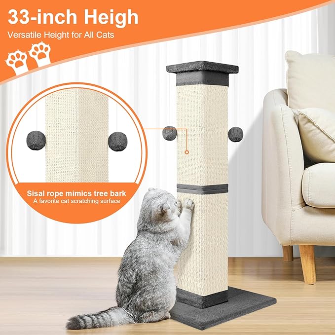 Cat Scratching Post 33 Inch Nature Sisal Cat Scratch Post for Indoor Cats, Large Cat Scratcher Protect Your Furniture, for All Breeds Grey