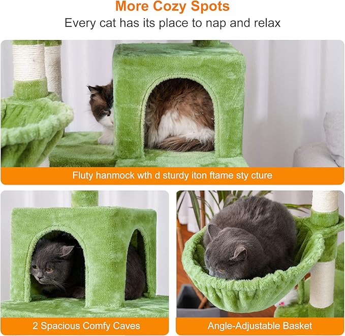 Heybly Cat Tree, 70 inches Tall Cat Tower condo with Toy for Indoor Large Cats, Cat House Furniture with Padded Plush Perch，Cozy Hammock and Sisal Scratching Posts,Green HCT032GR