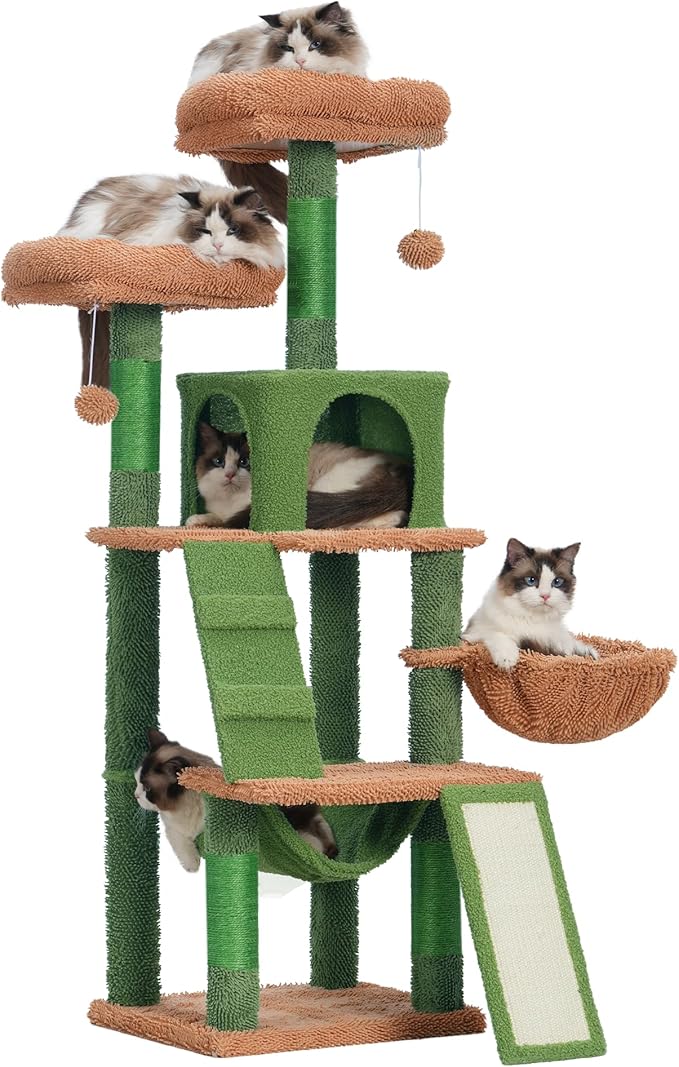 Heybly Cat Tree, Cactus Cat Tower for Indoor Cats,Multi-Level Cat Furniture Condo for Cats with Padded Plush Perch, Cozy Basket and Scratching Board HCT014CA