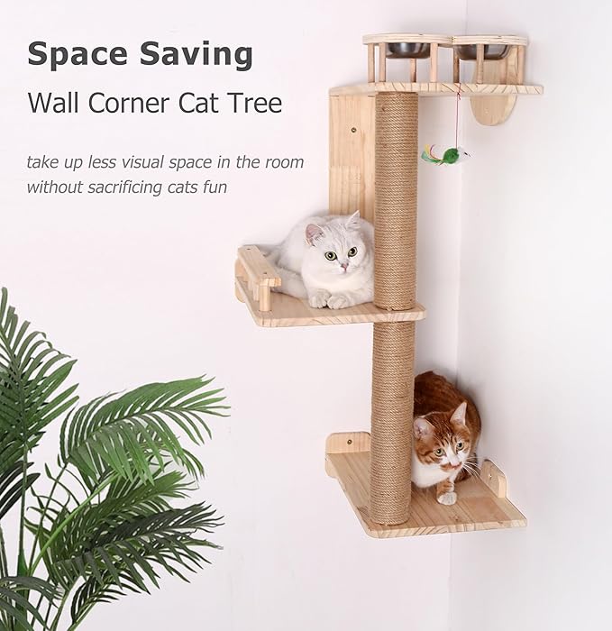 Wall Cat Tree with Feeding Station, 3-Levels Corner Shelf for Indoor Kitten Perching and Climbing, 36" Wooden Mounted Tower Playground