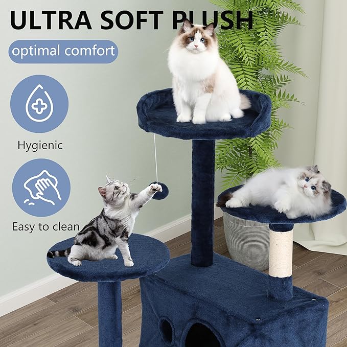 FDW Cat Tree 54in Cat Tower Multi-Level Durable Cat Scratching Post & Cozy Fun Cat Jumping Platform Space Saving Cat Condo Pet Play House for Indoor Cats,Dark Blue