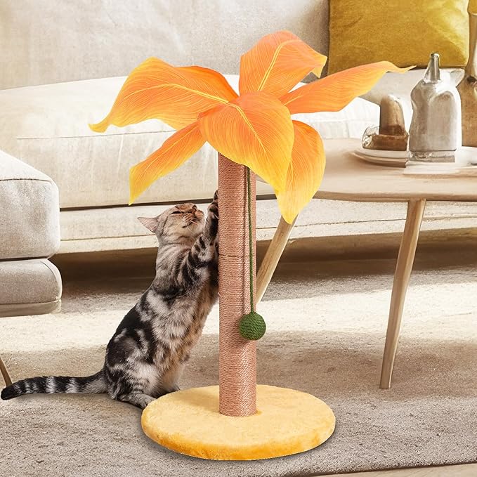 Cat Scratching Post 23.6 inch Cute Cat Scratcher Kitten Scratching Post with Sisal Rope for Indoor Cats Palm Tree Cat Scratching Post with Dangling Balls for Small Cats, Yellow