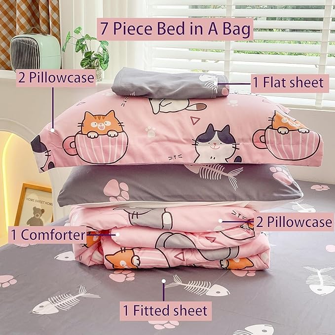 7 Piece Girls Cat Comforter Set Queen Size Bed in A Bag Pink Cute Cartoon Pet Cats Bedding Set for Kids Boys Teens (1 Comforter, 1 Flat Sheet, 1 Fitted Sheet, 4 Pillow Sham) Gray