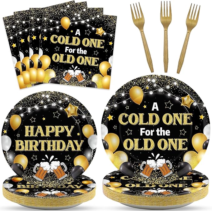 96 Pcs A Cold One for The Old One Party Decorations Black Gold Tableware Set for Men Party Favor Cheers Birthday Party Plates and Napkins for 30th 40th 50th Dinnerware Supplies for 24 Guests