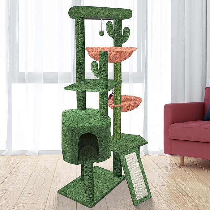 Wang Xin Four Layer Big Cat Tree with Huge Cat Condo and Two Hammocks Scratch Pad,Green