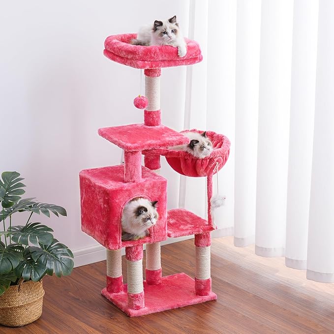 Heybly Cat Tree with Toy, Cat Tower condo for Indoor Cats, Cat House with Padded Plush Perch, Cozy Hammock and Sisal Scratching Posts, Flamingos HCT004SF