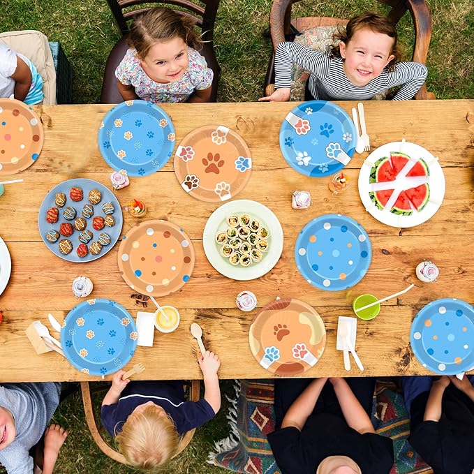 48Pcs 7" Blue Dog Birthday Party Paper Plates Puppy Party Supplies Blue Paw Dessert Tableware Set Paw Shaped Disposable Dinnerware Plates for Kids Girls Cartoon Birthday Decorations Party Favors