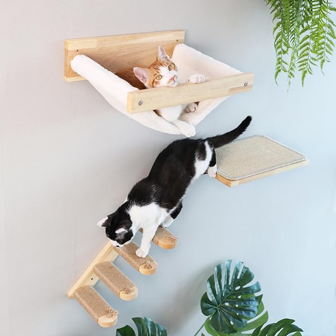 FUKUMARU Cat Wall Furniture, 3 Pack Cat Wall Shelves Set, Solid Rubber Wood Cat Shelf for Sleeping, Playing, Climbing and Lounging