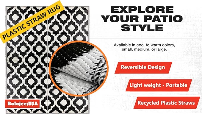 BalajeesUSA Outdoor Rug - 5x7 Black, Reversible Recycled Plastic Straw Outdoor Patio Rugs Clearance Waterproof Large RV Camper Mats 507