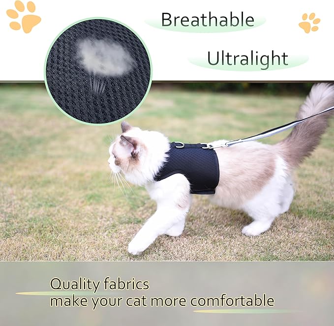 Kitty Harness and Leash for Walking Escape Proof Breathable Mesh Fabric, Solid Black, X-Small, Adjustable Cat Walking Jackets, Padded Stylish Cat Vest