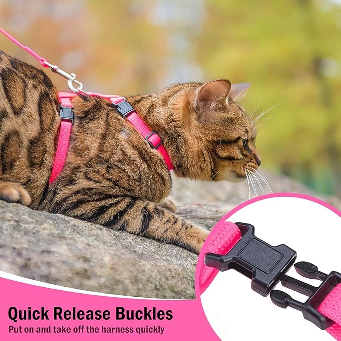 PUPTECK Adjustable Cat Harness and Leash Set Escape Proof Kitten Strap Collar for Walking Travel, Hot Pink, M