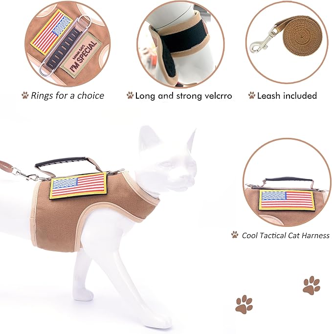 Tactical Kitty Harness and Leash for Walking Escape Proof, Adjustable Kitty Walking Jackets, Padded Stylish Kitty Vest, Khaki, X-Small