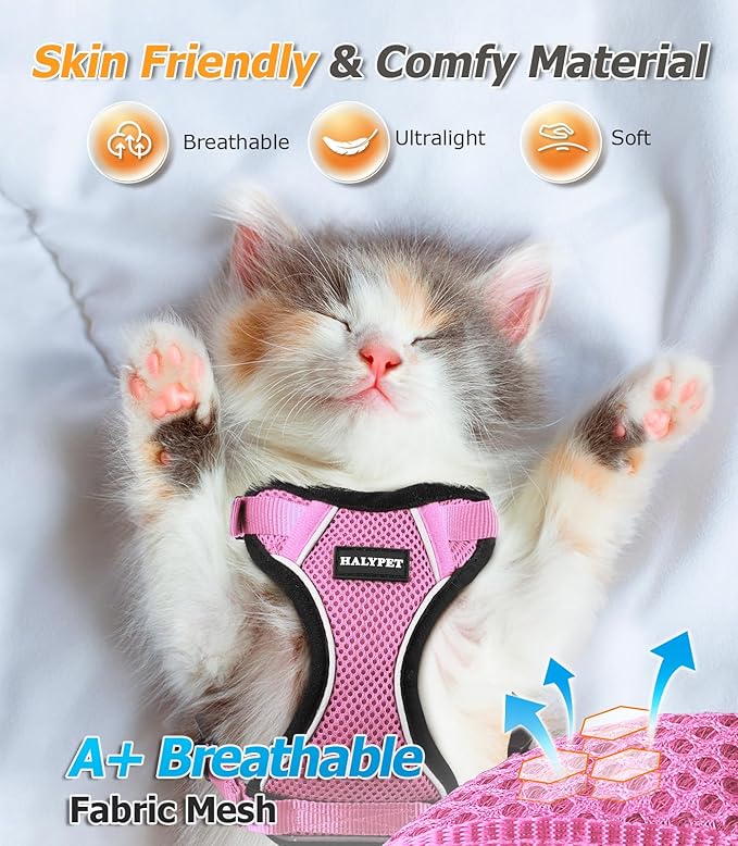 Halypet Cat Harness and Leash Set [H500 Pro Escape Proof Cat Harness for Walking, Adjustable Breathable Soft Travel Cat Leash, Reflective Strips Kitten Harness