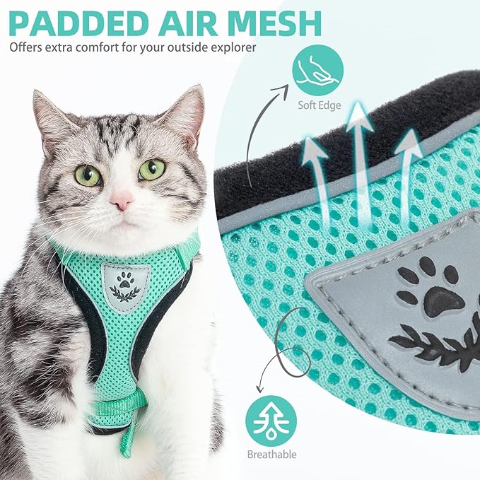 PUPTECK Cat Harness and Leash Set Escape Proof Reflective Cat Walking Harness Adjustable Soft Breathable Mesh Vest for Small Pets, Aquamarine, XS