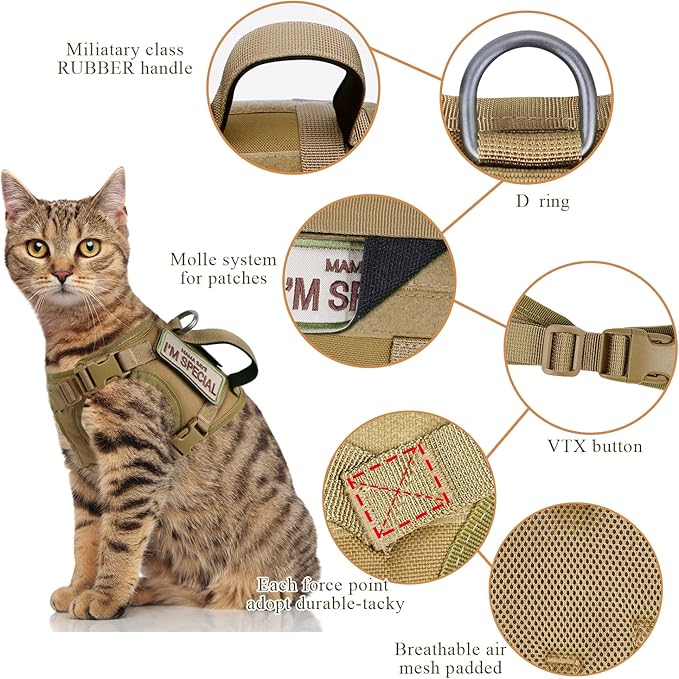 Tactical Cat Harness for Walking Escape Proof, Soft Mesh Adjustable Pet Vest Harness for Large Cat,Small Dog (Medium, Khaki)