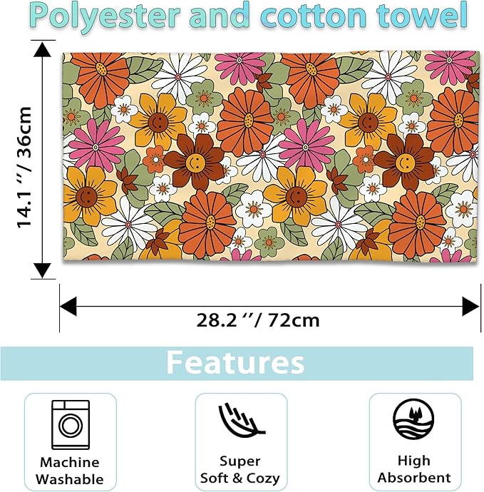2 Pack Hand Bath Towel,70s Vintage Hippies Flowers Fingertip Towel Bathtub Decorative Bath Towel Bathroom Kitchen Towel Set Highly Absorbent SPA Gym Towels 14x28 Inch