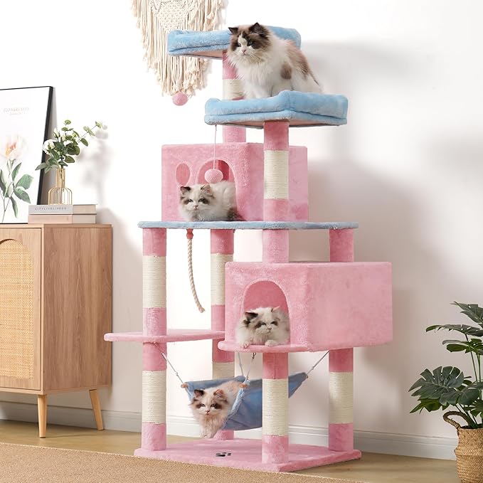 Hey-brother Large Multi-Level Cat Tree Condo Furniture with Sisal-Covered Scratching Posts, 2 Bigger Plush Condos, Perch Hammock for Kittens, Cats and Pets, Blue and Pink MPJ020BP