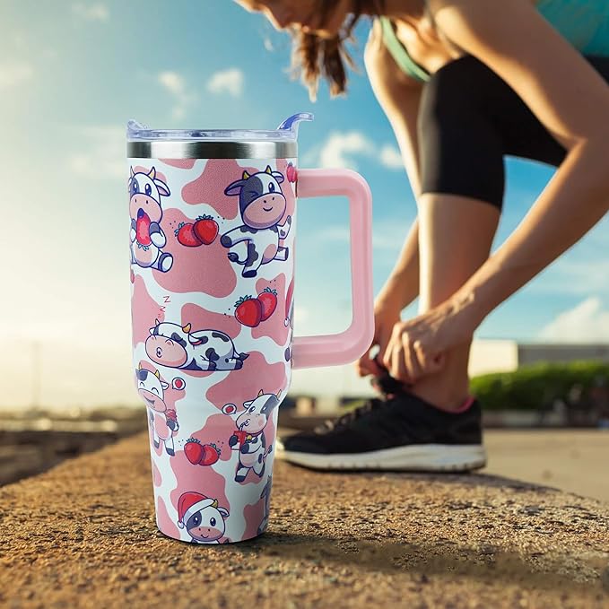 40 oz Tumbler with Handle and Straw, Stainless Steel Insulated Cup with Leak Proof Lid and Straw Lid, Keep Drinks Cold and Hot for Hours（Strawberry Cow）