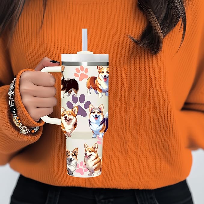 40 OZ Corgi Tumbler with Handle.Dog Lover Gifts.Unique Birthday Christmas Gifts for Dog Lover.Personalized 40 OZ Dog Tumbler Gifts for Women Men.