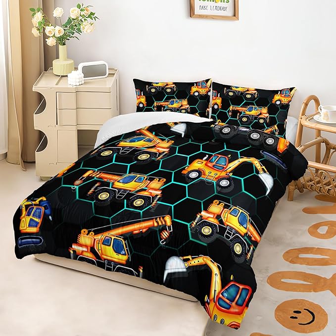 AILONEN Kids Cartoon Excavator Comforter Set Queen Size,Vehicles Construction Truck Bedding Set for Boys Teen,3 Piece Soft Duvet with 2 Pillowcases