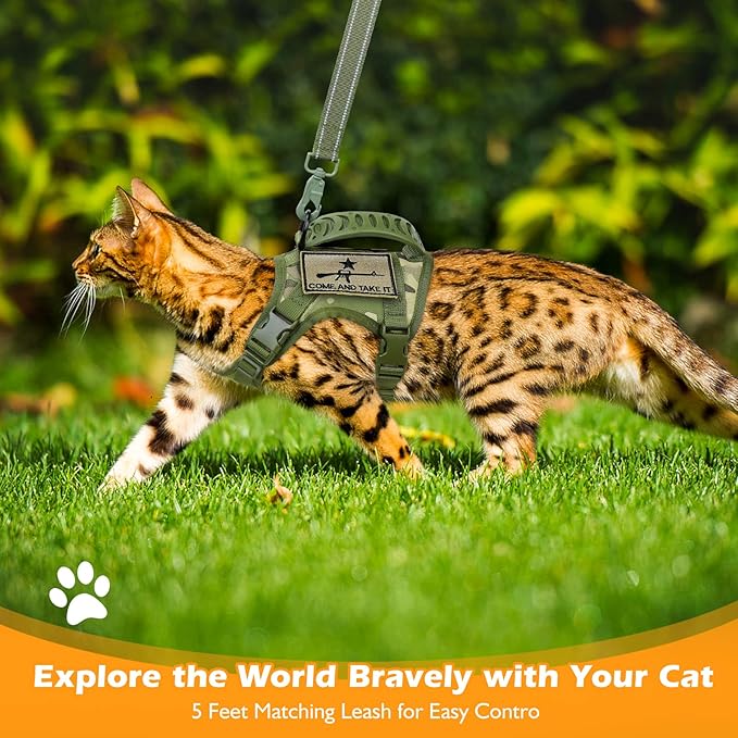 Tactical Cat Harness and Leash Set for Walking Escape Proof, Adjustable Large Cat Vest Harness with Molle Patches, Soft Mesh Padding, Rubber Handle Easy to Control
