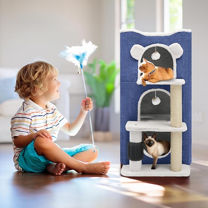 YIATHOME 3-Tier Cat House, Cat Beds for Indoor Cats, Modern Cat Condo with Highway Cave, Scratch & Itching Post, Climbing Stand, Cat Cube Playhouse for Multi Kittens, Blue