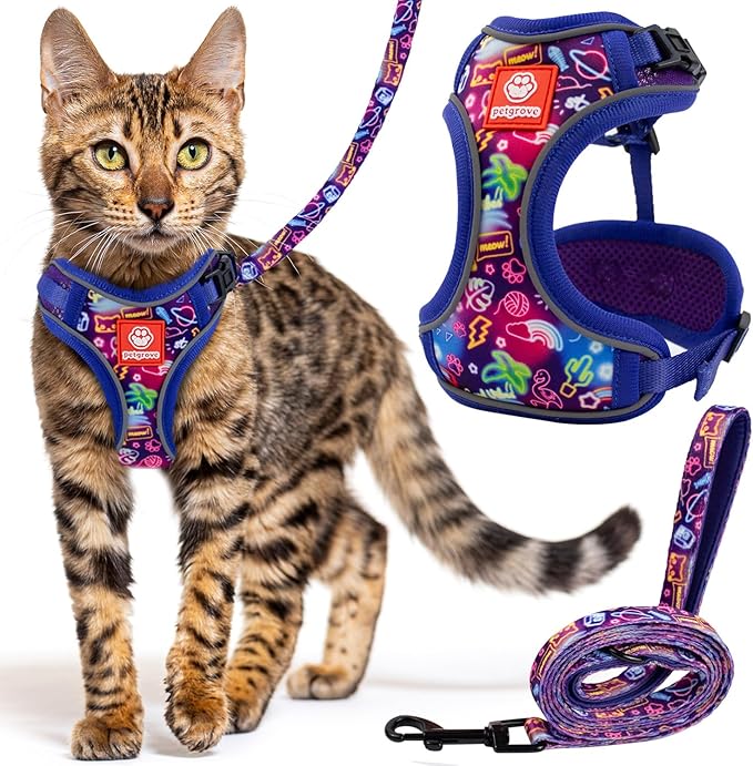 Cat Harness and Leash Set for Walking, Escape Proof Vest Harnesses for Cats, Breathable Mesh with Reflective Strips - (Neon Nights), X-Small