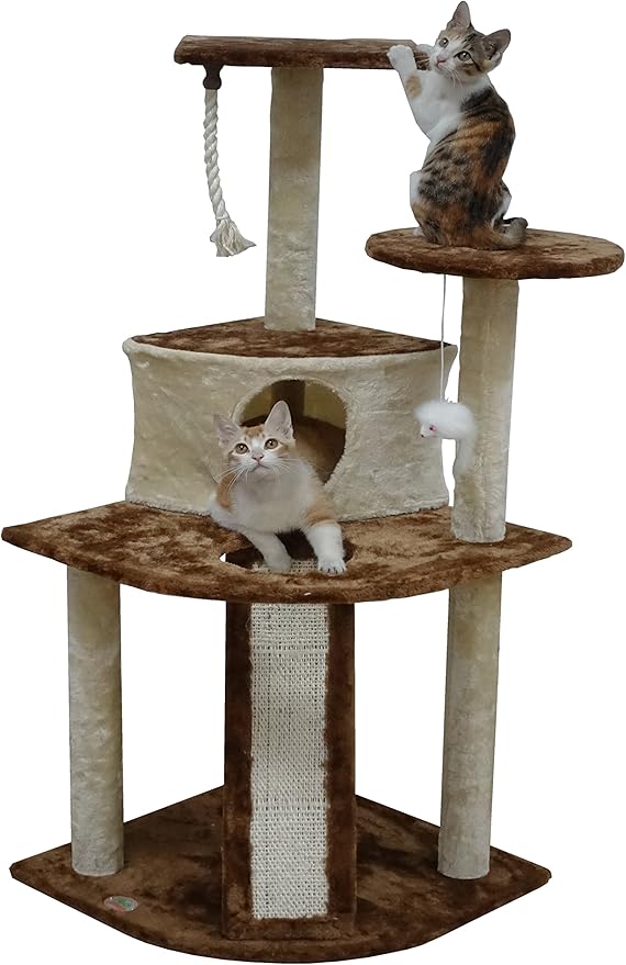 Go Pet Club Everyday Value 47in Corner Cat Tree Kitty Condo Kitten Scratcher Tower House Furniture with Hanging Toys for Indoor Cats, Beige/Brown