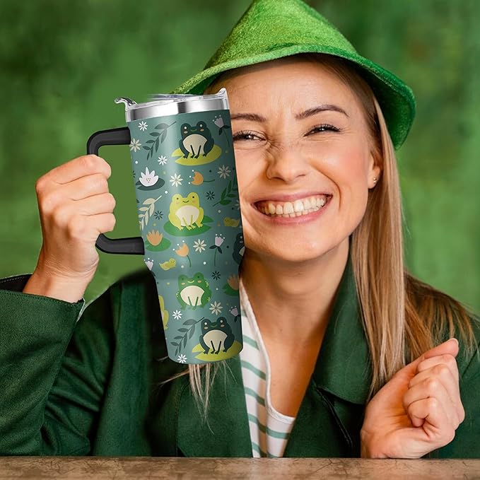 40 Oz Double Wall Frog Tumbler with Handle, Straw and Insulated Leak Proof Mug | Frog Gift for Women & Lovers
