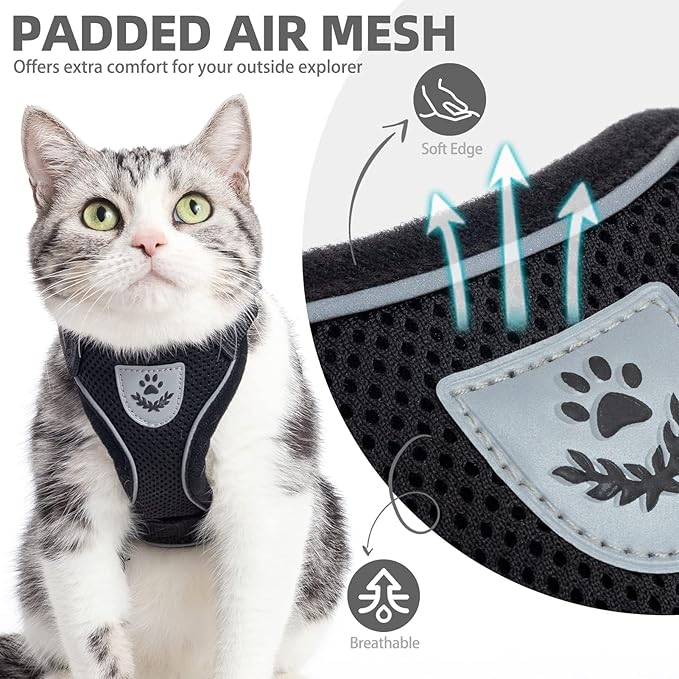 PUPTECK Cat Harness and Leash Set Escape Proof Reflective Cat Walking Harness Adjustable Soft Breathable Mesh Vest for Small Pets, Black, XS