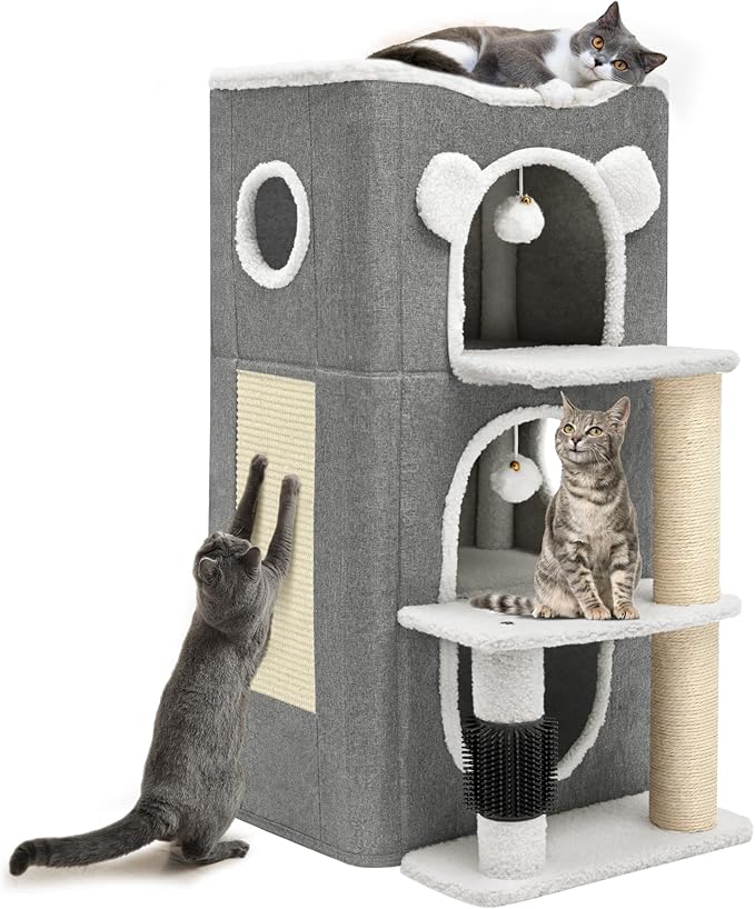 YIATHOME 3-Tier Cat House, Cat Beds for Indoor Cats, Modern Cat Condo with Highway Cave, Scratch & Itching Post, Climbing Stand, Cat Cube Playhouse for Multi Kittens, Grey