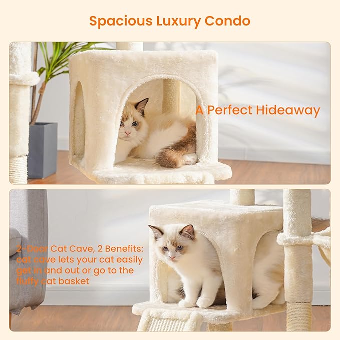 Heybly Cat Tree with Cat Self Groomer Brush, Cat Tower Condo for Indoor Cats with Padded Plush Perch,Cat House with Basket Scratching Board Post, Beige HCT005SM